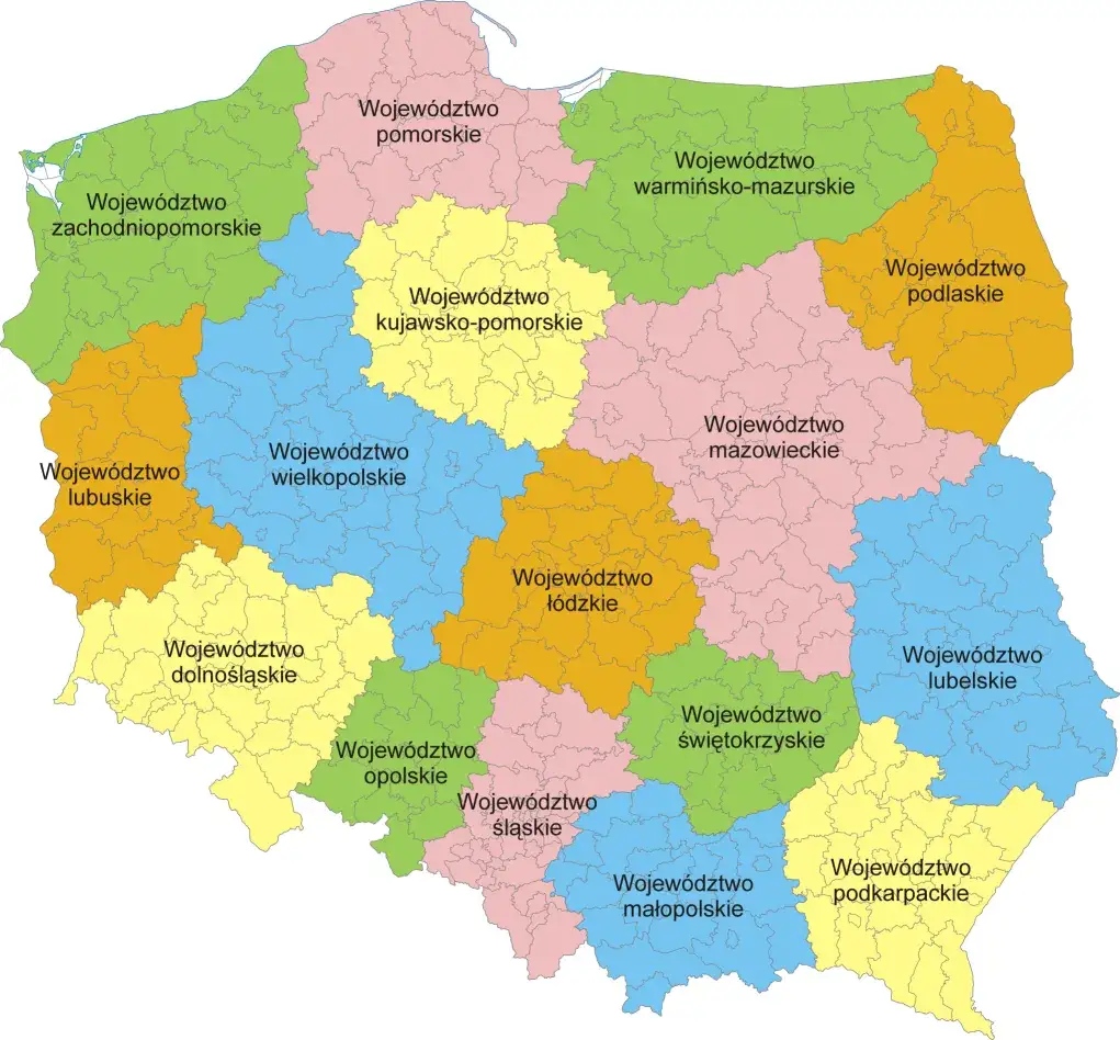 Mapa Polski z zaznaczonymi województwami i symbolami rozwoju gospodarczego
