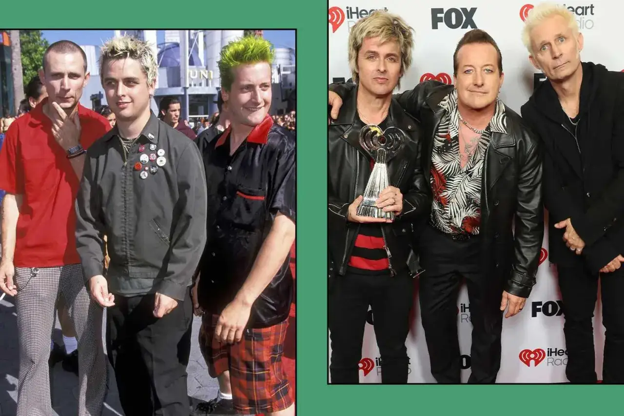 Green Day członkowie w różnych stylizacjach: młodzi z kolorowymi włosami i w kurtkach z przypinkami, a później w skórzanych kurtkach z nagrodą.