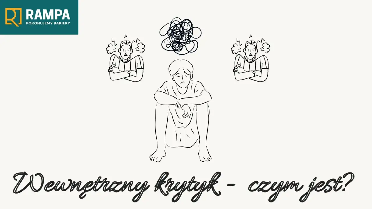 Smutna postać siedzi, otoczona przez dwie zdenerwowane osoby. Ilustracja symbolizuje nieumiejętność przyjmowania krytyki i wewnętrznego krytyka.