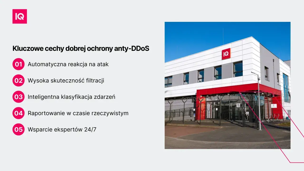 Kluczowe cechy ochrony anty-DDoS: automatyczna reakcja, wysoka skuteczność filtracji, inteligentna klasyfikacja zdarzeń, raportowanie w czasie rzeczywistym i wsparcie ekspertów. Chroni przed atakami.