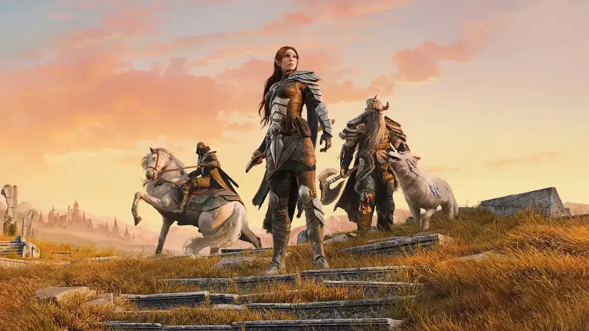 Tres guerreros, uno a caballo, se preparan para la aventura en un paisaje épico. ¿Será esta la próxima entrega de The Elder Scrolls 6?