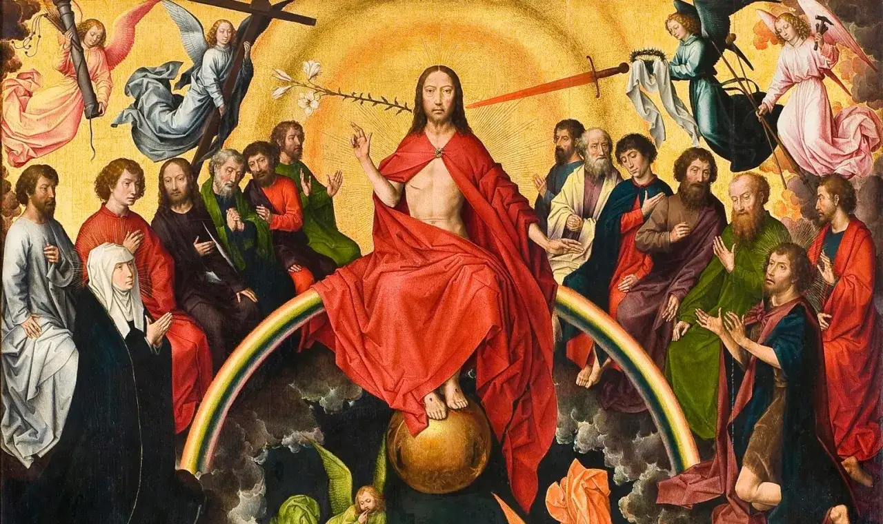 Obraz Sąd Ostateczny: Chrystus w chwale, otoczony apostołami i aniołami, z mieczem i lilią.