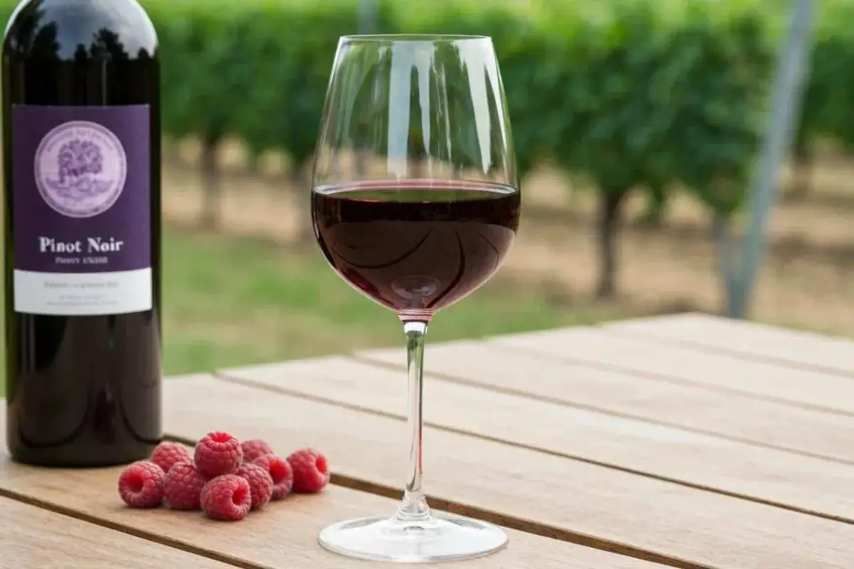 Verre de Pinot Noir avec framboises, idéal pour une dégustation à la température parfaite dans un vignoble.