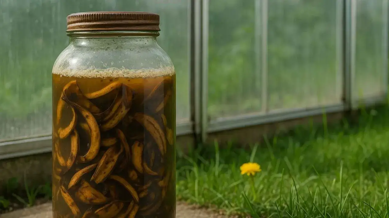 Słoik z bananowymi skórkami, przygotowywany jako naturalny nawóz z banana. W tle zielona trawa i szklarnia.