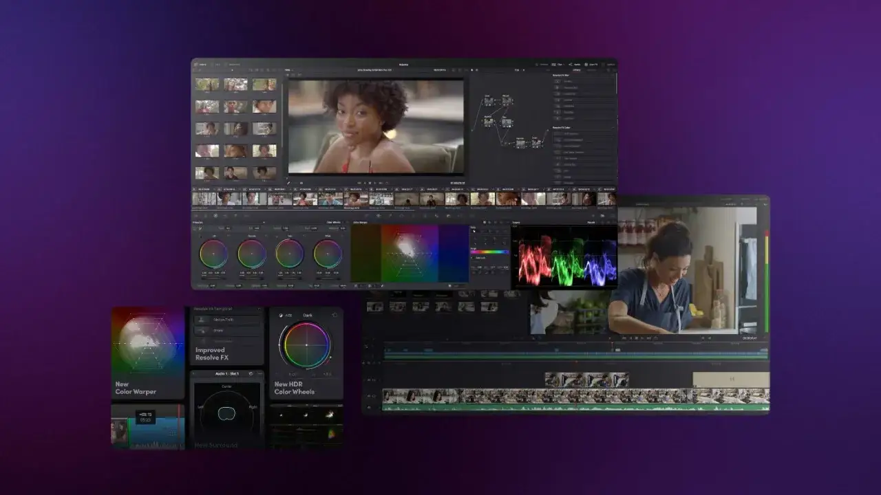 DaVinci Resolve free vs paid: a montage of the editing software's interface, showcasing color grading tools, timeline, and media browser.