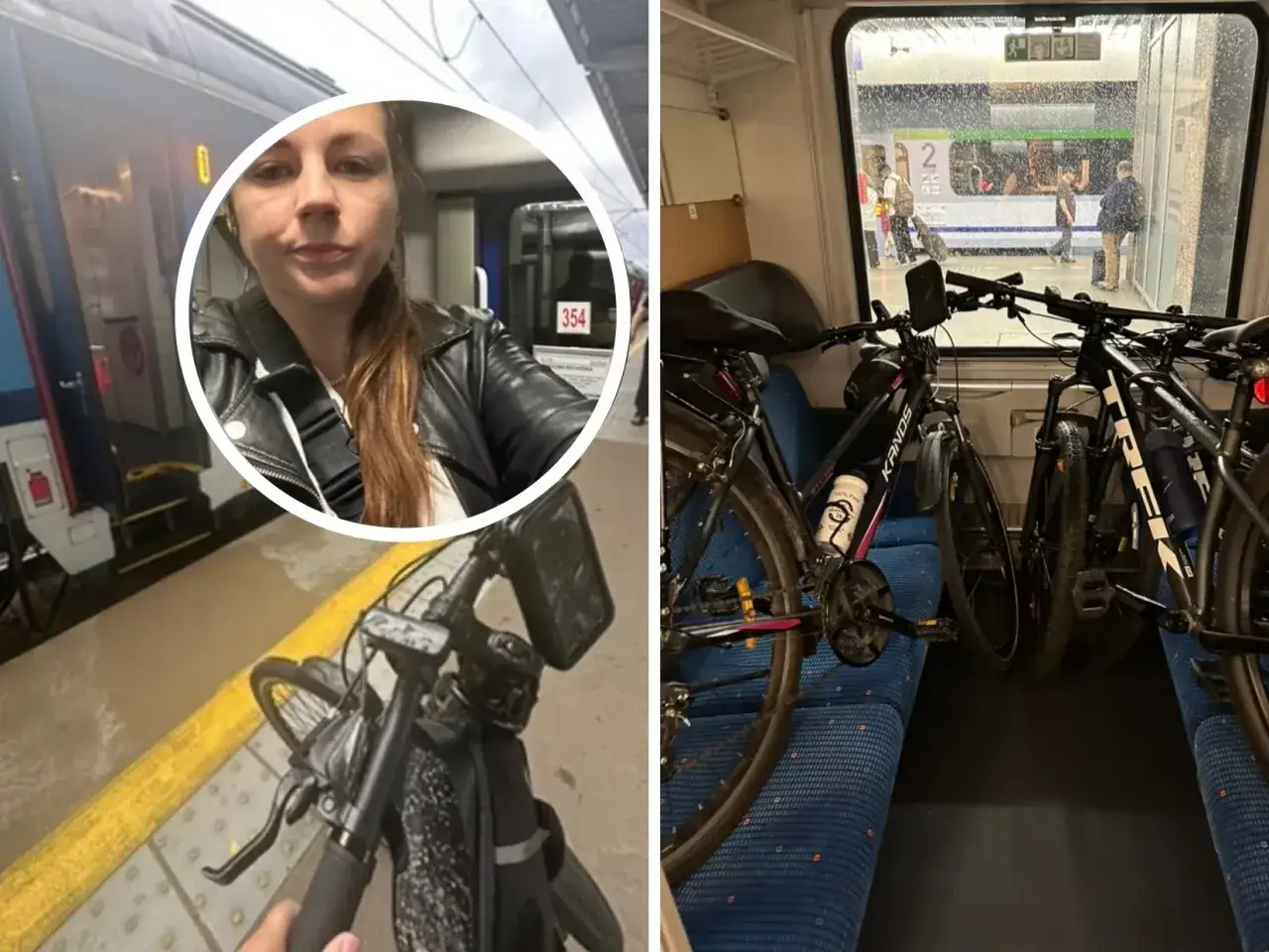 Kobieta z rowerami w wagonie rowerowym pociągu. Podróż z dwoma rowerami na siedzeniach.