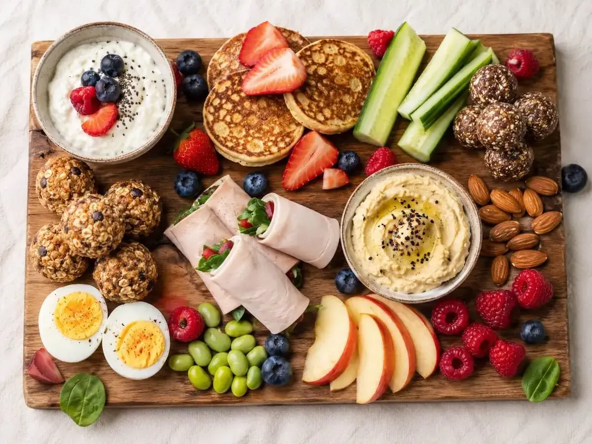 Plateau repas post-entra&icirc;nement : yaourt, pancakes, &oelig;ufs, roul&eacute;s de dinde, houmous, fruits et boules d'&eacute;nergie. Parfait pour une collation apr&egrave;s sport.