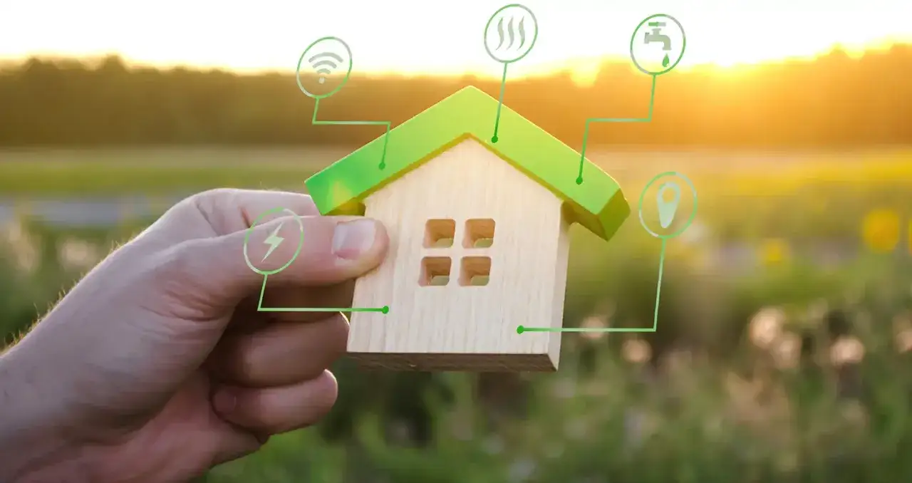 Modello di casa green con icone smart: Wi-Fi, riscaldamento, acqua, energia. Incentivi per un futuro sostenibile al 2030.