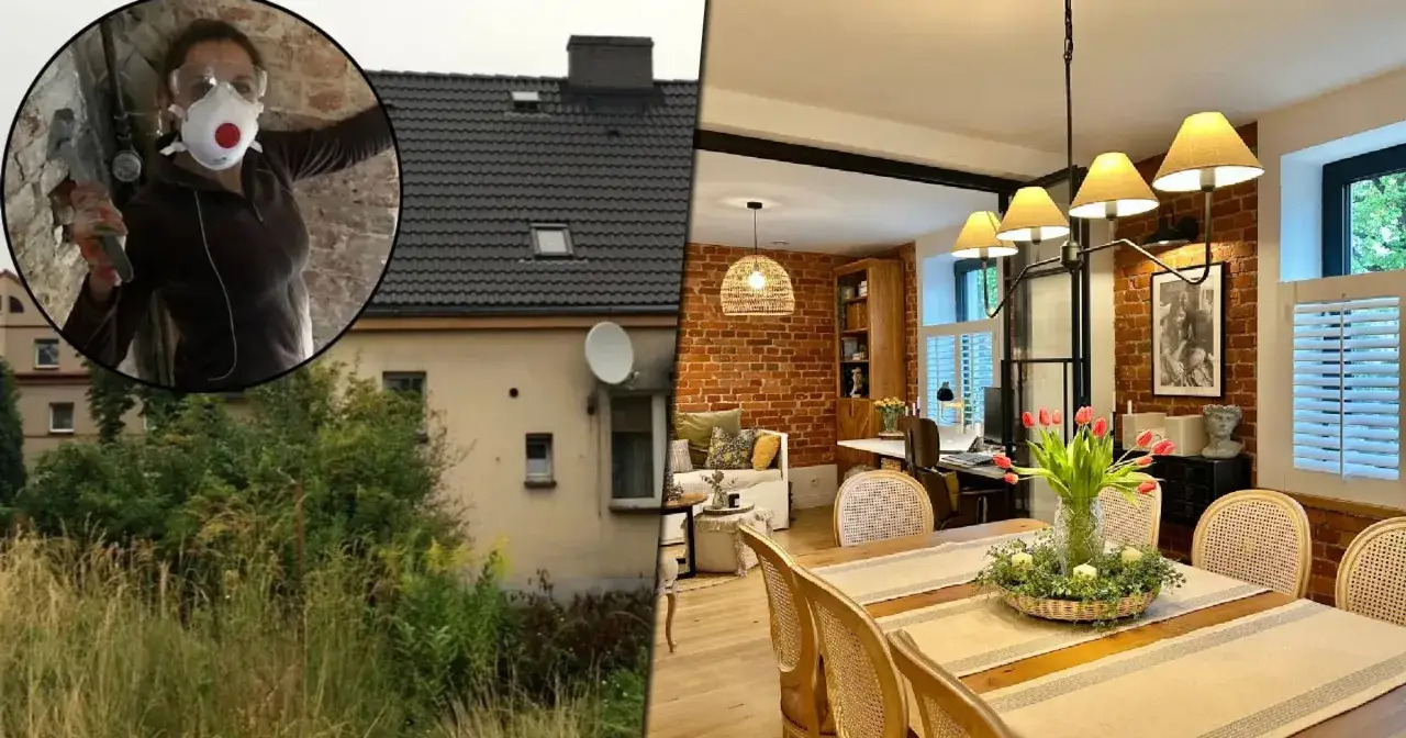 Przed i po: przebudowa starego domu. Od zniszczonego muru do przytulnego salonu z ceglaną ścianą i drewnianymi meblami.