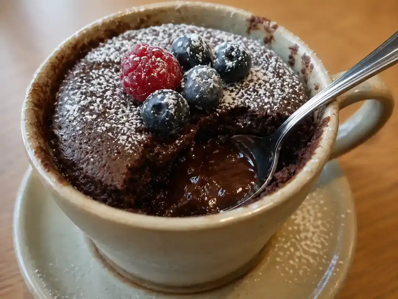 En krämig choklad **mug cake** toppad med bär och pudersocker, redo att avnjutas med en sked.