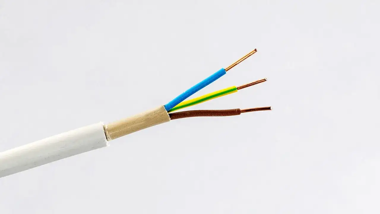 Ein Kabel mit drei freigelegten Leitern: blau (L), gr&uuml;n-gelb (PE) und braun (N).
