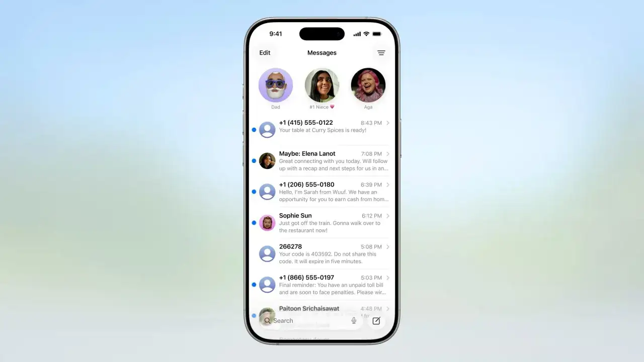 Ekran iPhone'a z wiadomościami, w tym od
