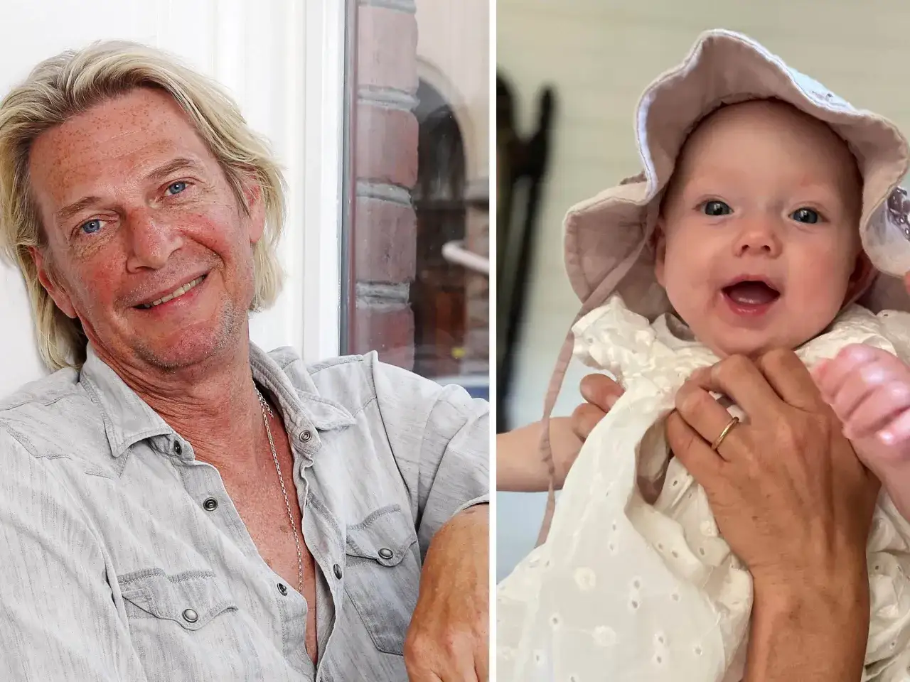 Tommy Nilsson med sitt barn. En glad bebis i en s&ouml;t hatt.