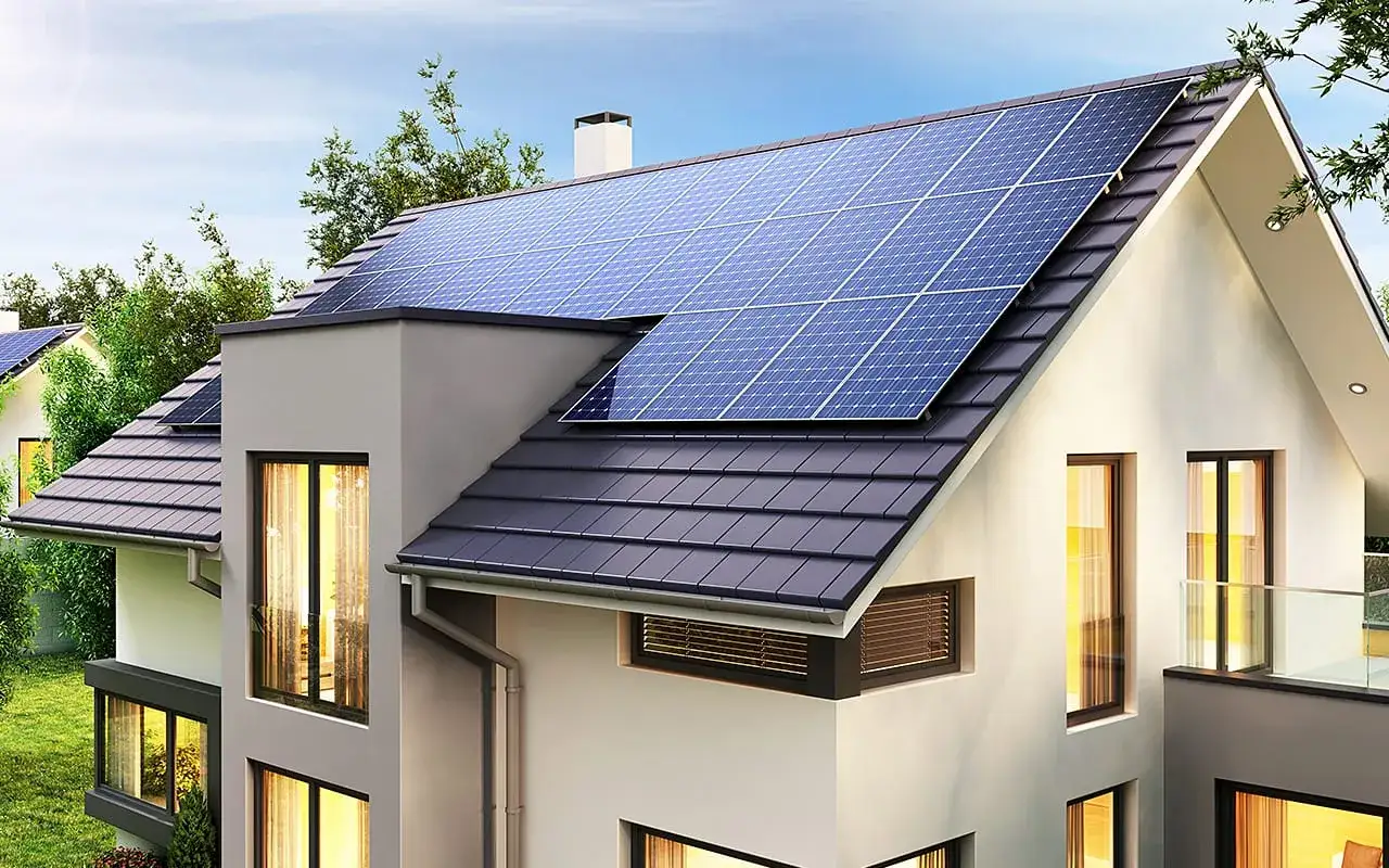 Moderne Häuser mit Photovoltaik-Anlagen auf den Dächern, die erneuerbare Energie für eine nachhaltige Zukunft liefern.