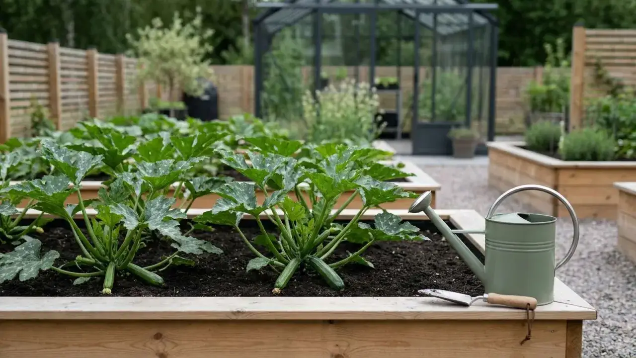 En frodig zucchini planta v&auml;xer i en upph&ouml;jd b&auml;dd, redo att sk&ouml;rdas. En gr&ouml;n vattenkanna och spade ligger bredvid.