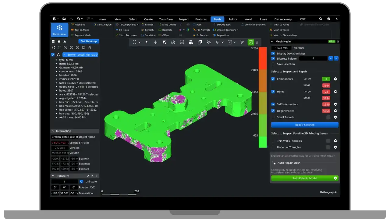 Software per la riparazione di mesh 3D: cos'&egrave;? Visualizza un modello 3D verde con aree viola e bianche, indicando difetti da correggere.