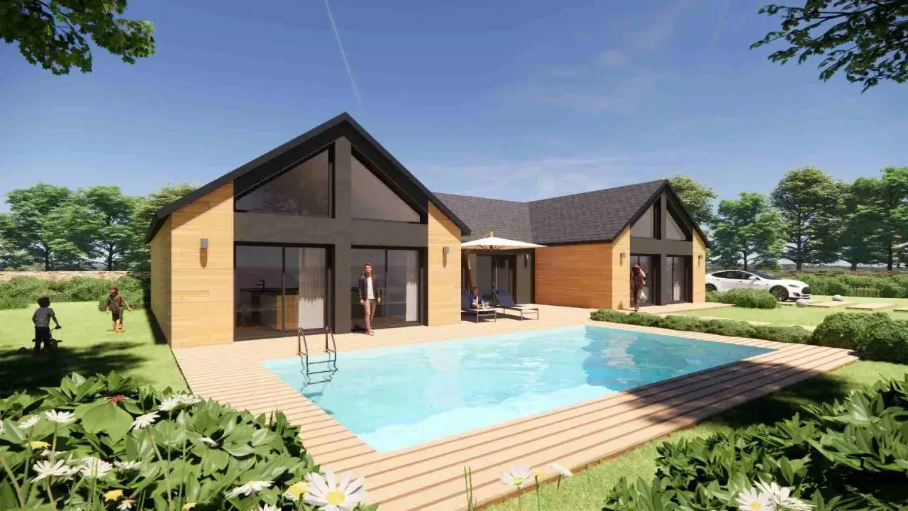 Une **maison autonome** moderne avec piscine, terrasse en bois et jardin verdoyant. Une voiture électrique est garée à proximité.