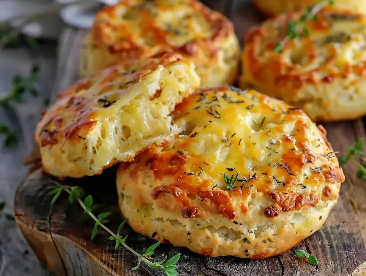Nybakade ostscones med smält ost och örter, perfekta för en mysig fika.