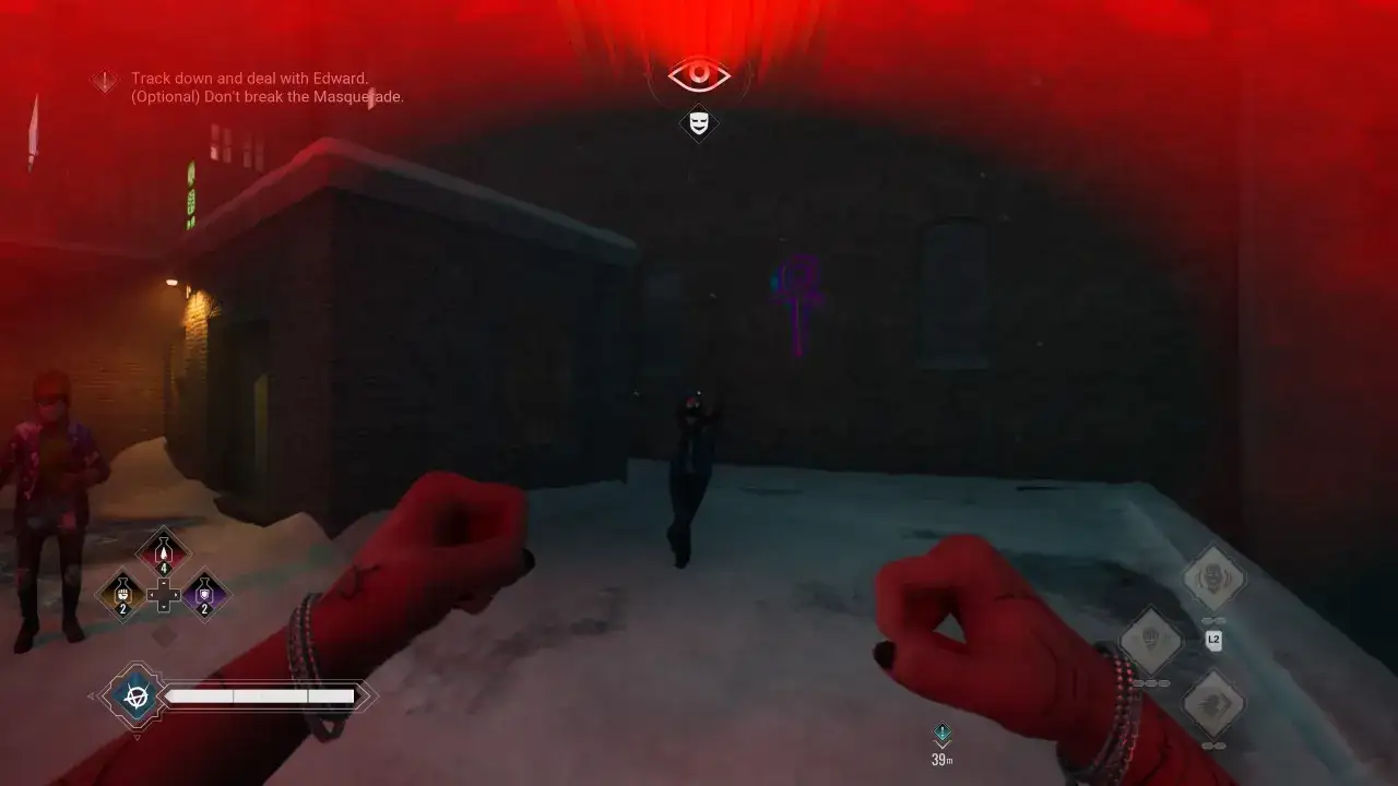 Jugando Vampire: The Masquerade - Bloodlines 2. El jugador se acerca a un objetivo en un entorno nevado, con un símbolo de ankh morado en la pared.