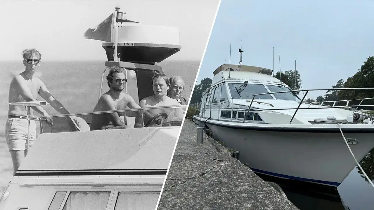 Kungens båt Storebro, en klassiker på vattnet. Bilden visar en historisk bild av tre män på en båt och en modernare bild av samma båt vid kaj.