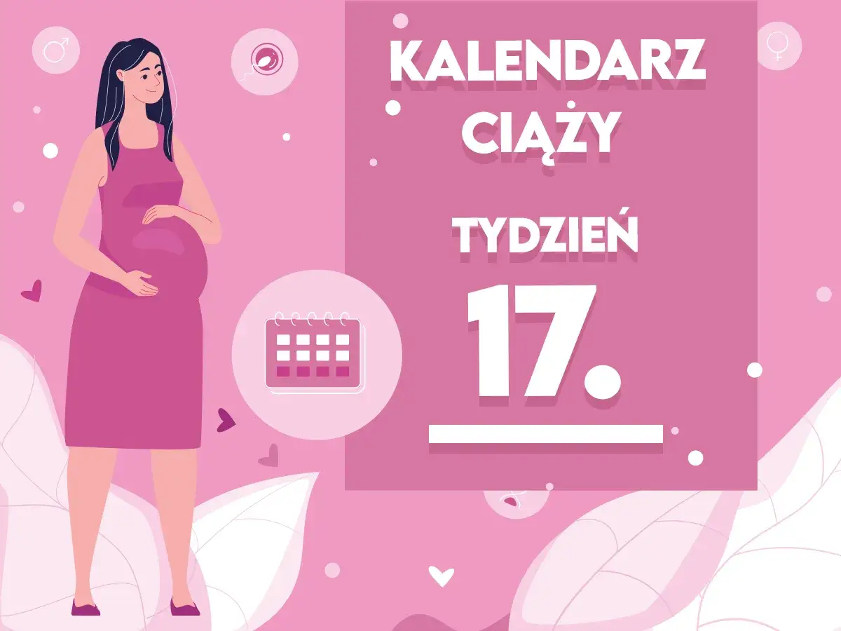 Ilustracja przedstawia kobietę w 17 tygodniu ciąży. Obok niej kalendarz i napisy