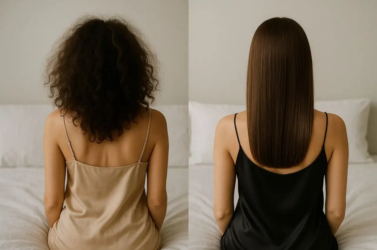 Dos mujeres sentadas, una con pelo fino y encrespado, la otra con pelo liso y sedoso.