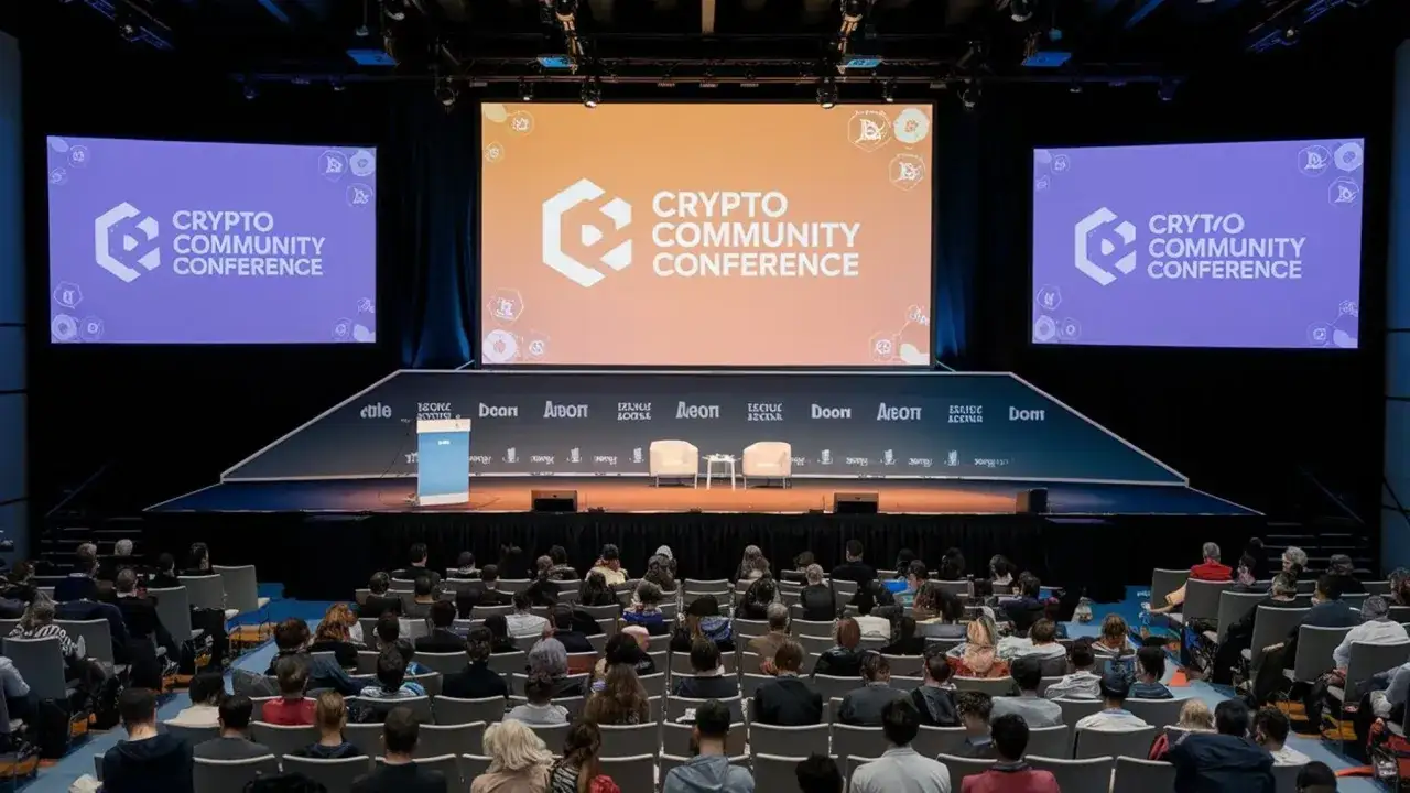 Widownia na konferencji Crypto Community. Na scenie wielkie ekrany z logo i nazwą wydarzenia. To przyszłość technologii, czyli next block expo.