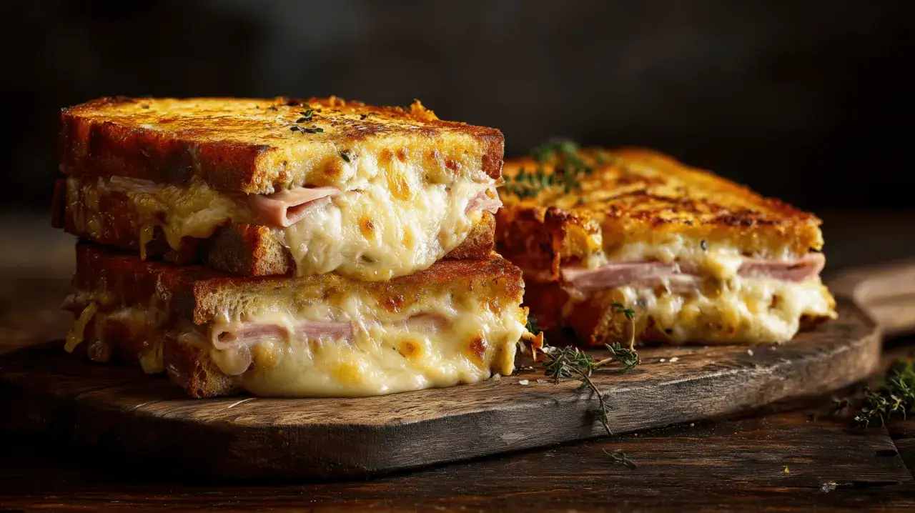 Deux croque monsieur empil&eacute;s, d&eacute;bordant de fromage fondu et de jambon, sur une planche en bois rustique.