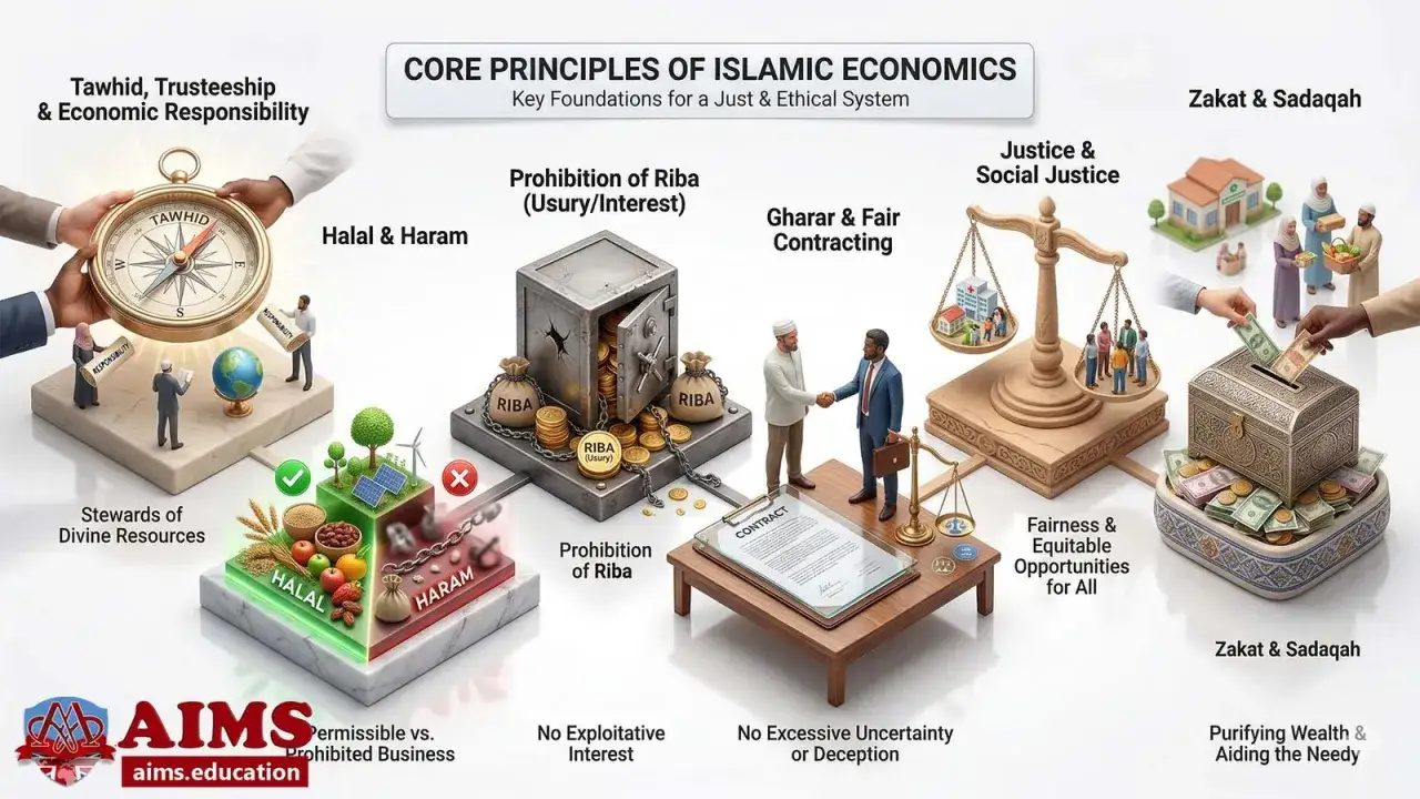 Islam f&ouml;rbjuder synder som riba (r&auml;nta) och o&auml;rliga aff&auml;rer. Ist&auml;llet betonas r&auml;ttvisa, givmildhet och ansvar.