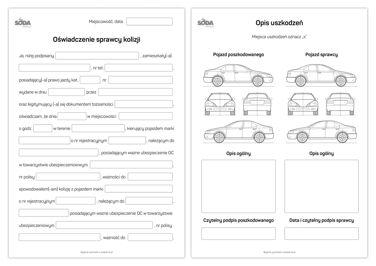 Formularz oświadczenie sprawcy szkody z danymi kierowcy, pojazdu i opisem kolizji. Zawiera rysunki samochodów.