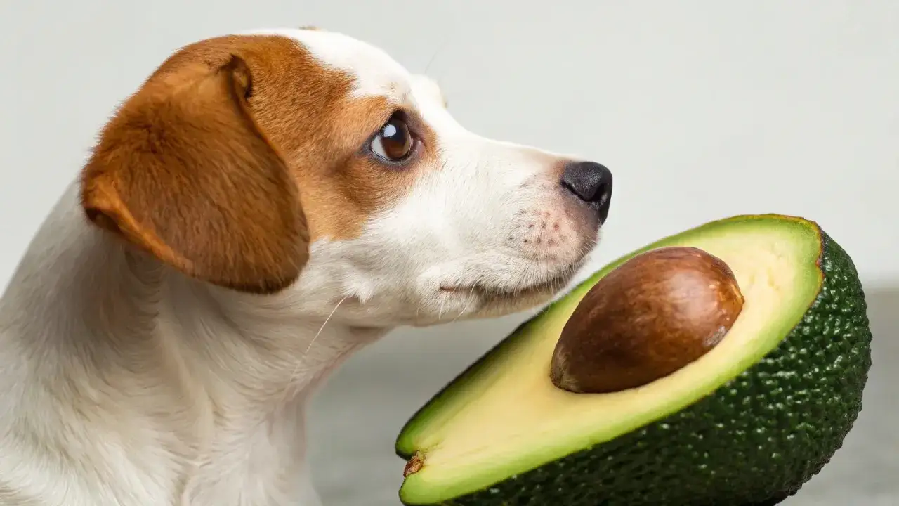 Un perro curioso huele un aguacate. ¿Sabías que los perros pueden comer aguacate?