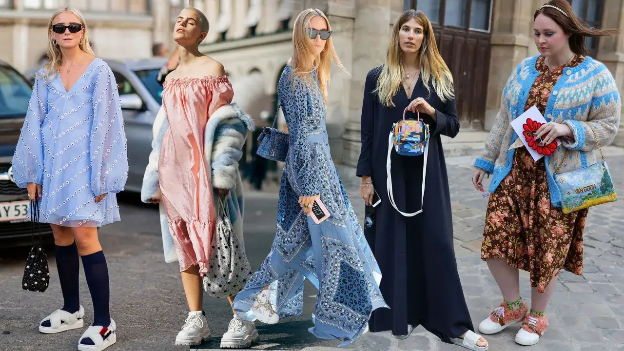 Kobiety w zwiewnych sukienkach i modnych stylizacjach, w tym buty sportowe do sukienki, tworzą odważne, uliczne looki.