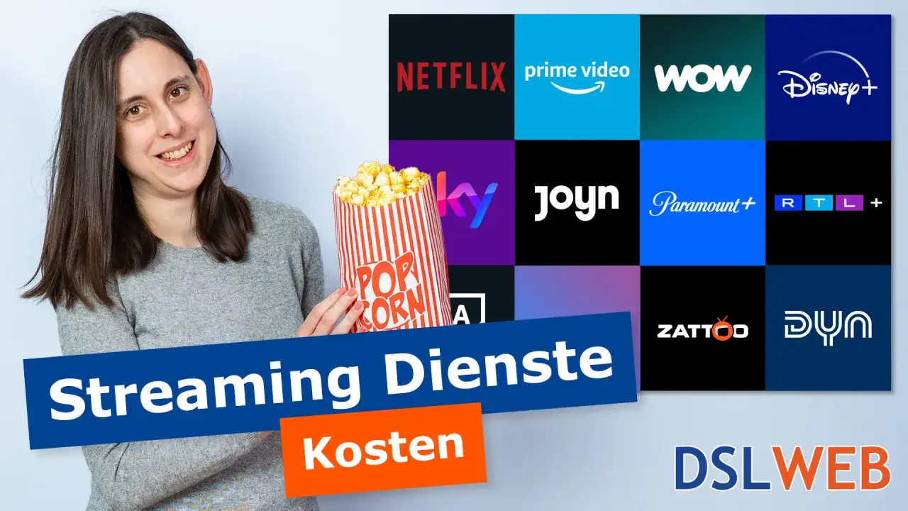 Frau mit Popcorn vor Logos von Streamingdiensten wie Netflix, Prime Video, Disney+. Sie hat eine Million Minuten Stream hinter sich.