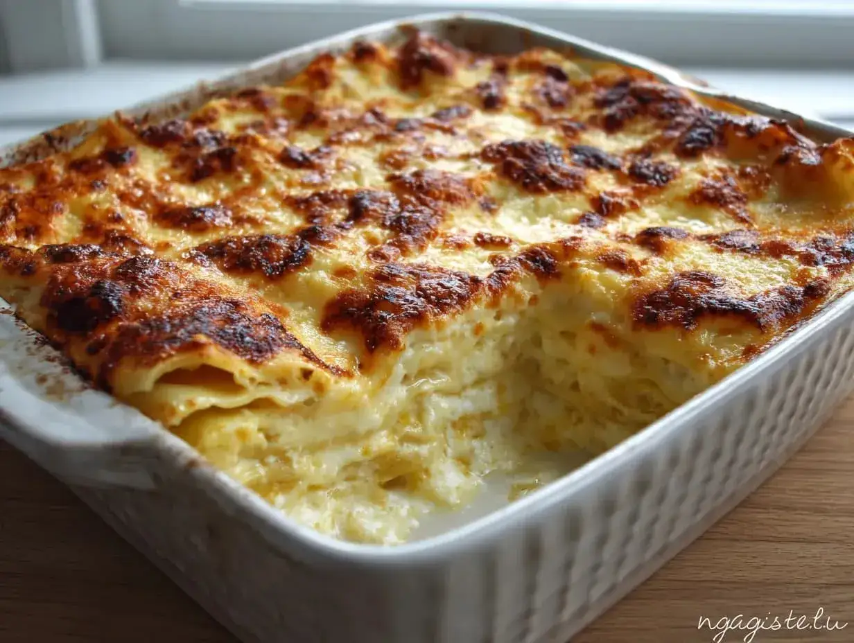 En gyllene, bubblande osts&aring;s lasagne i en vit ugnsform. Perfekt f&ouml;r en mysig middag.