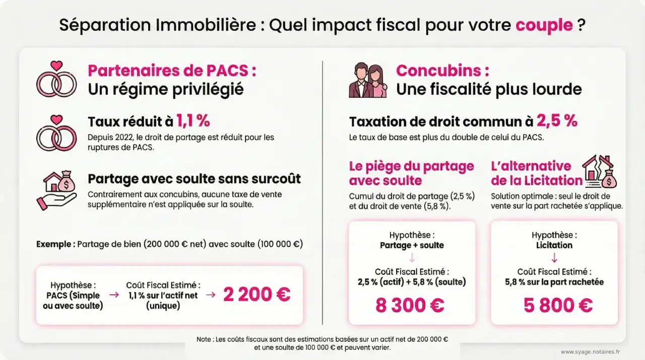 Comparaison fiscale : séparation PACS vs concubinage pour un crédit maison. Le PACS offre un taux réduit de 1,1% lors d'une séparation.