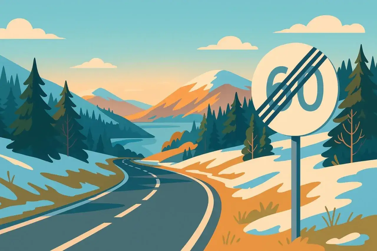 Schild zeigt Ende des Tempolimits 60 in Norwegen. Kurvige Stra&szlig;e durch verschneite Landschaft mit Bergen und B&auml;umen.