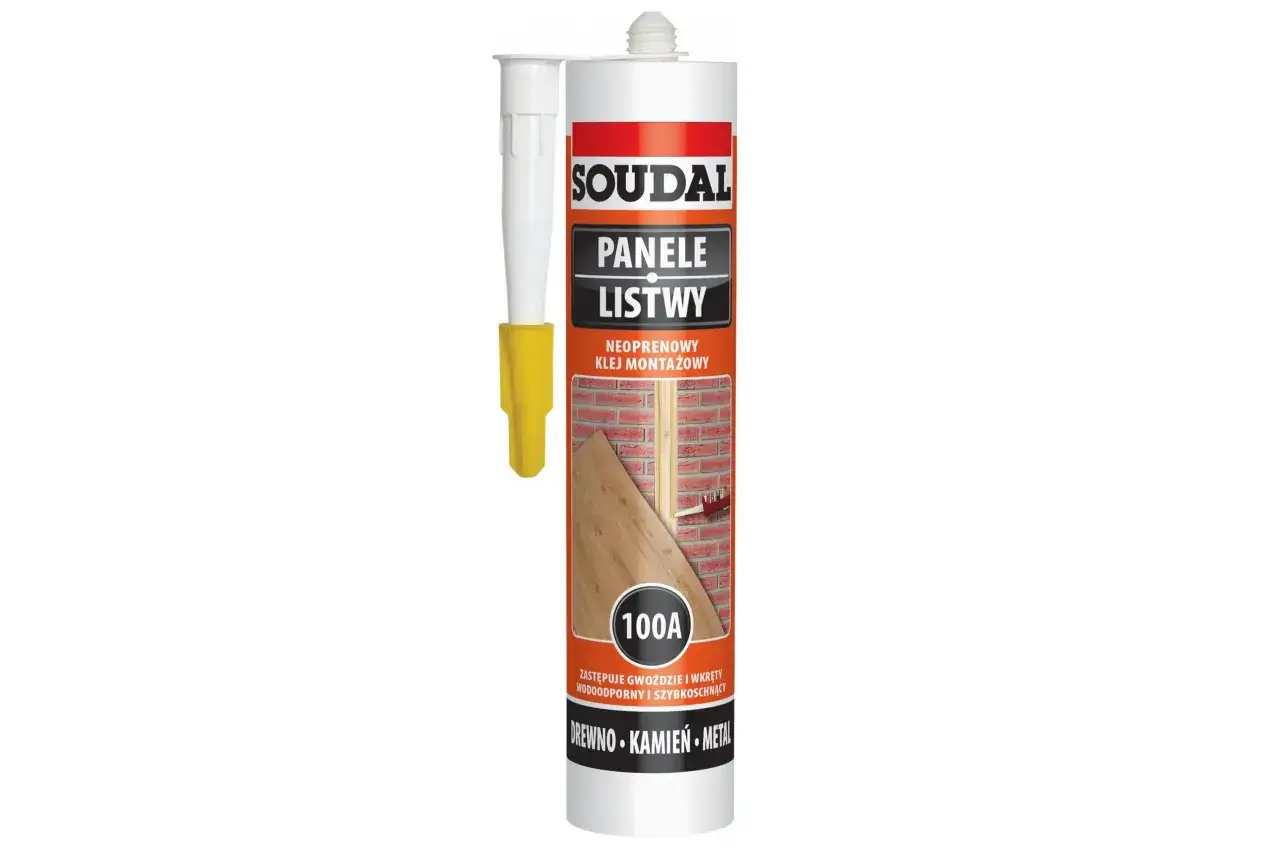 Soudal klej montażowy do paneli i listew, zastępuje gwoździe, wodoodporny i szybkoschnący.