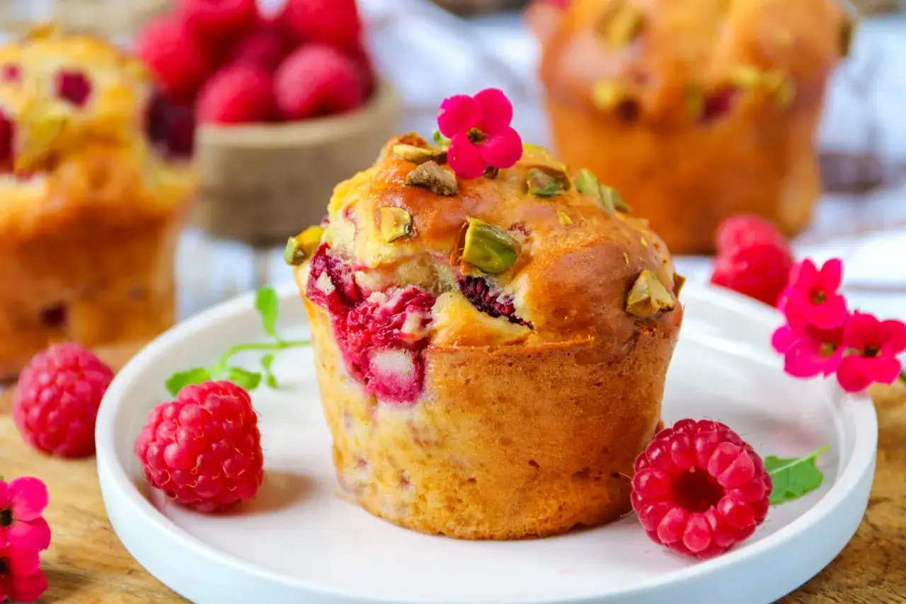 Un d&eacute;licieux muffin framboise, garni de pistaches et d'une petite fleur rose, entour&eacute; de framboises fra&icirc;ches.