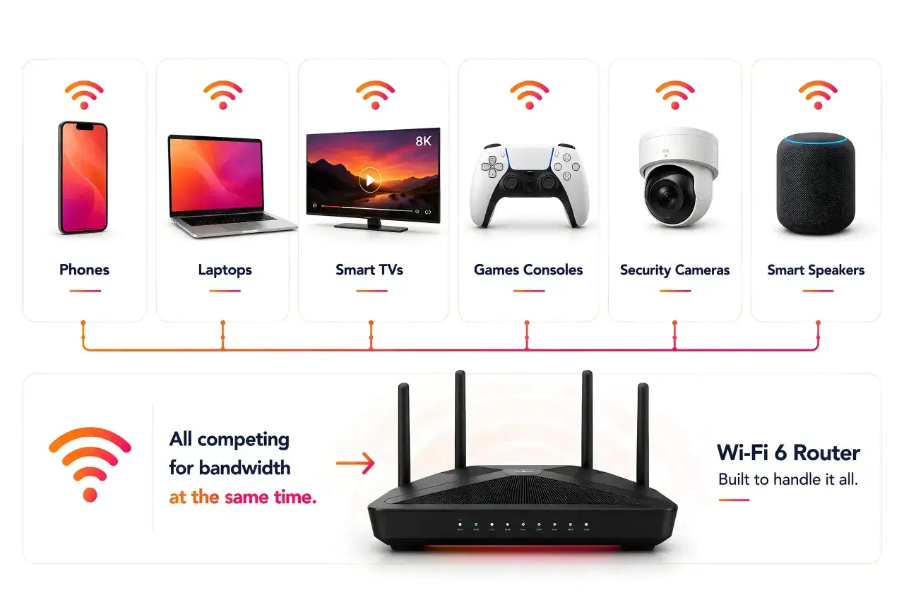Ein Wi-Fi 6 Router bewältigt gleichzeitig viele Geräte wie Smartphones, Laptops, TVs, Konsolen, Kameras und Smart Speaker.