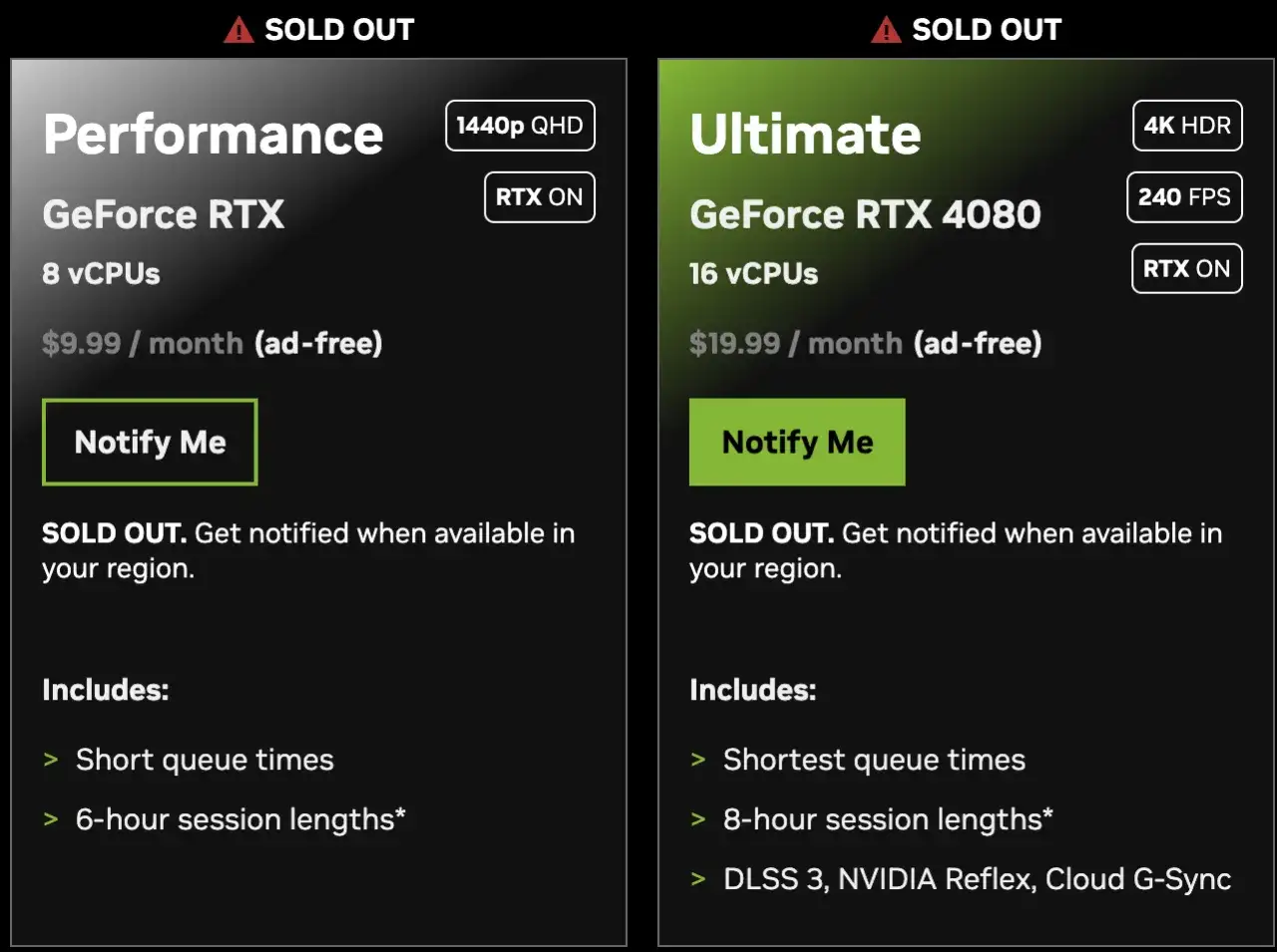 Porównanie planów GeForce Now: Performance za $9.99 i Ultimate za $19.99. Oba plany są wyprzedane, ale można ustawić powiadomienie o dostępności.