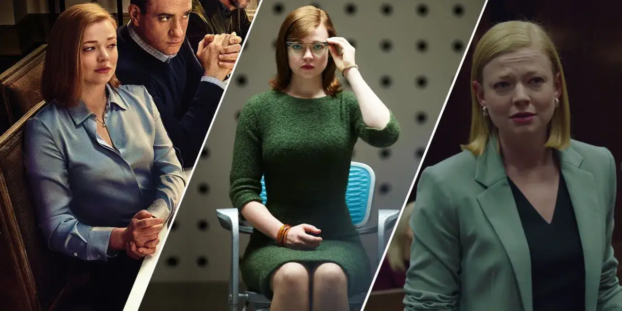 Sarah Snook w filmach, serialach i programach. Trzy ujęcia aktorki w różnych rolach, odzwierciedlające jej wszechstronność.