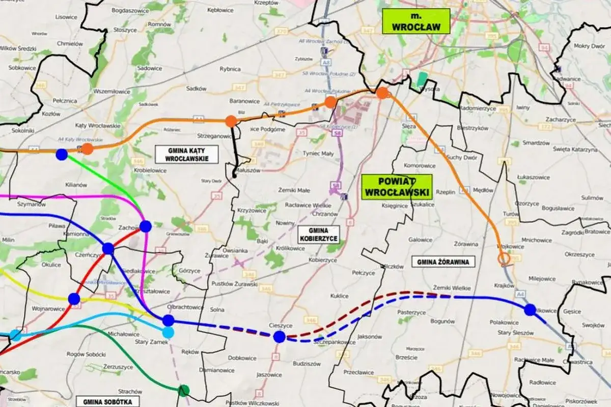 Mapa drogowa okolic Wrocławia z zaznaczonymi gminami i drogami, w tym A4 zjazdy.