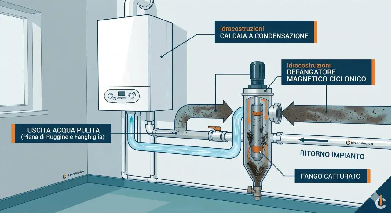 Il defangatore magnetico ciclonico serve a rimuovere ruggine e fanghiglia dall'acqua di ritorno impianto, garantendo acqua pulita in uscita dalla caldaia a condensazione.