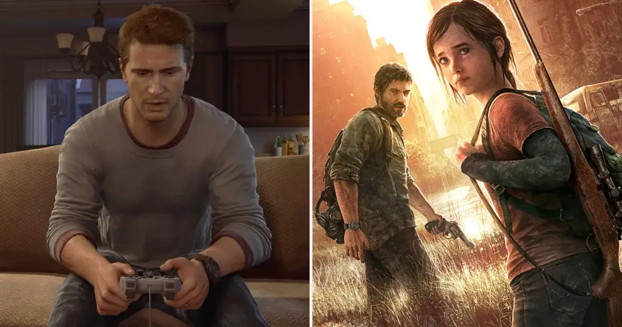 Nathan Drake grający w gry podobne do Uncharted, obok Joela i Ellie z The Last of Us.