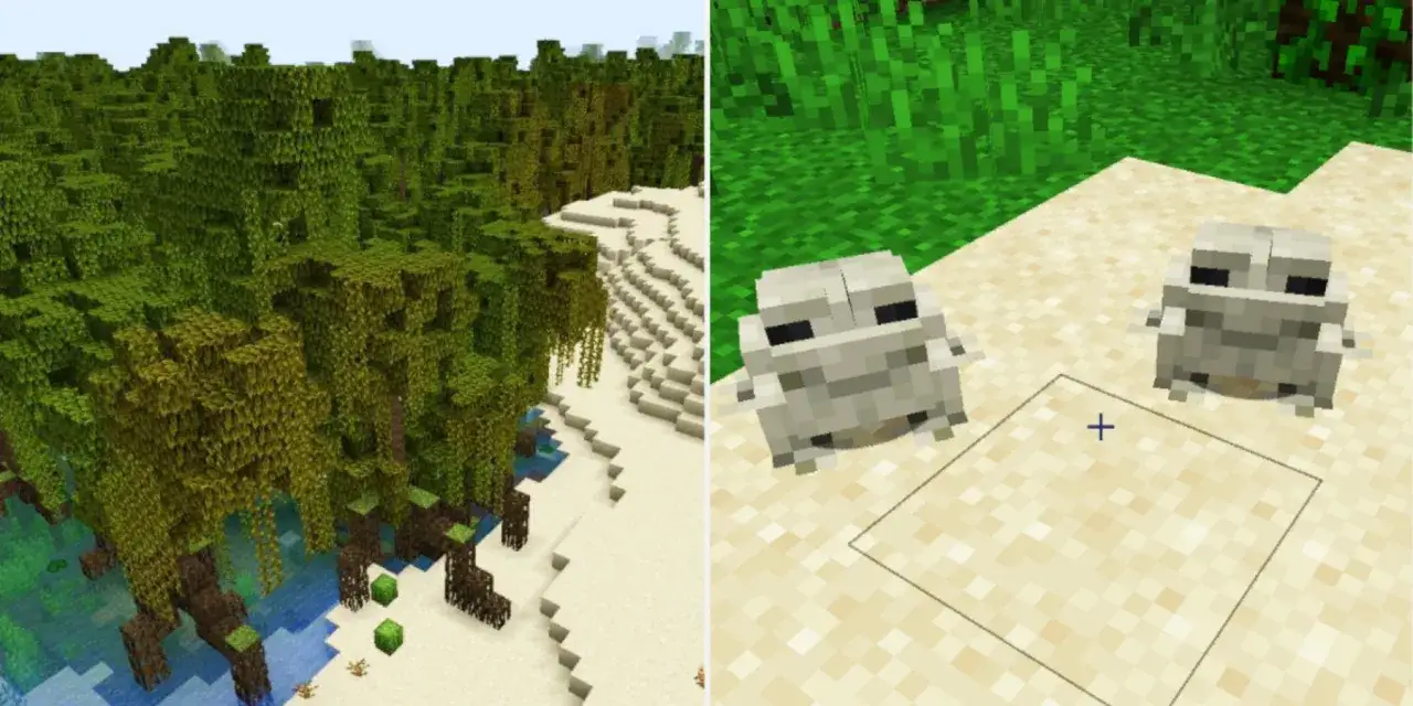 Un **manglar** de **Minecraft** con &aacute;rboles frondosos y dos ranas grises en la arena.
