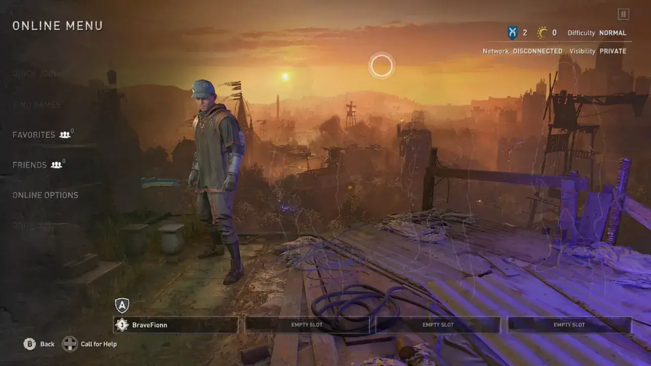 Postać w grze Dying Light 2, menu online. Sieć rozłączona, widoczność prywatna.