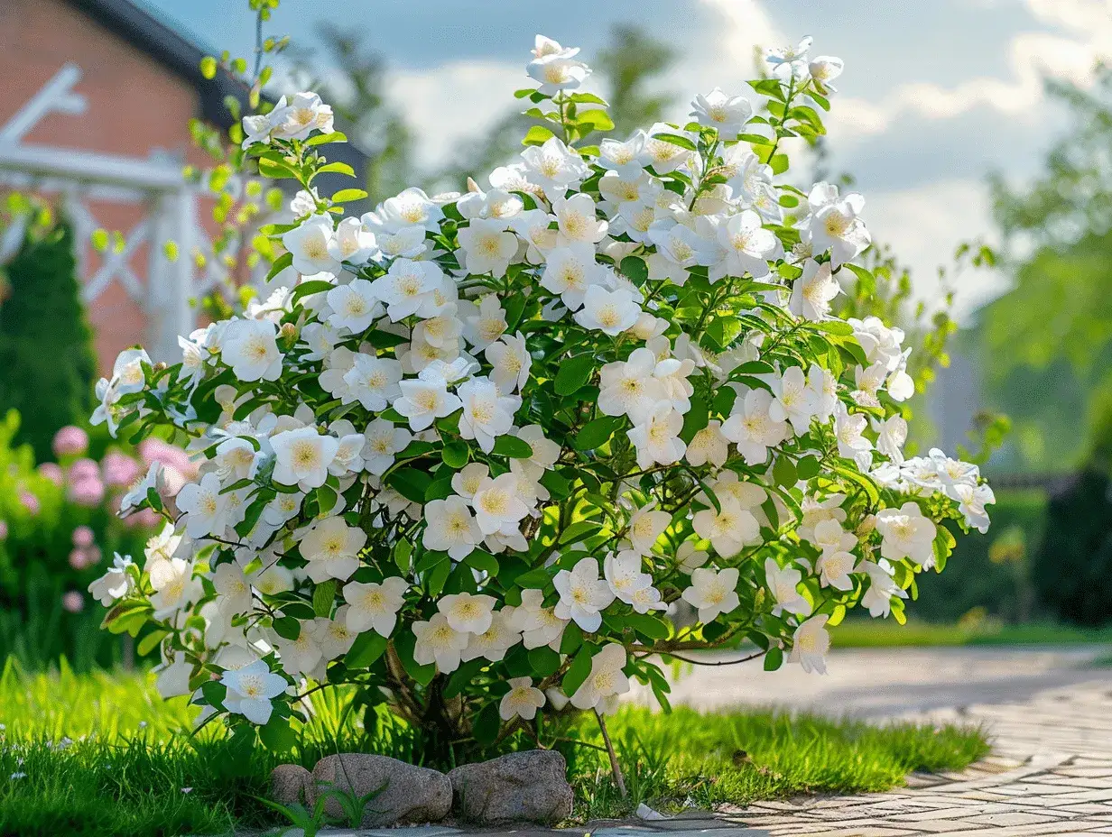 Un arbuste de seringat taille généreusement, couvert de fleurs blanches éclatantes, illumine un jardin ensoleillé.