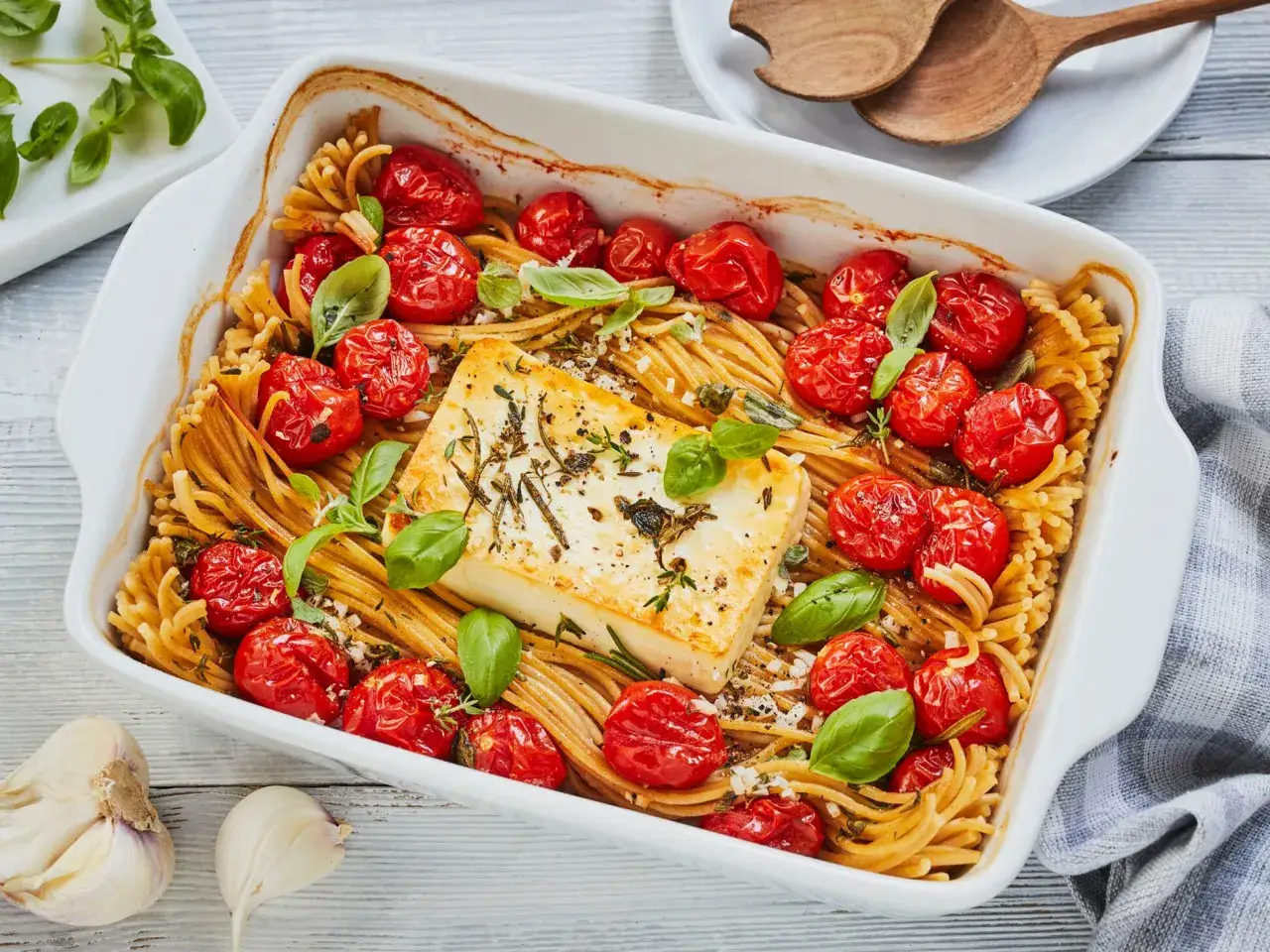 Herzhafte Feta Pasta mit Kirschtomaten und frischem Basilikum, direkt aus dem Ofen.