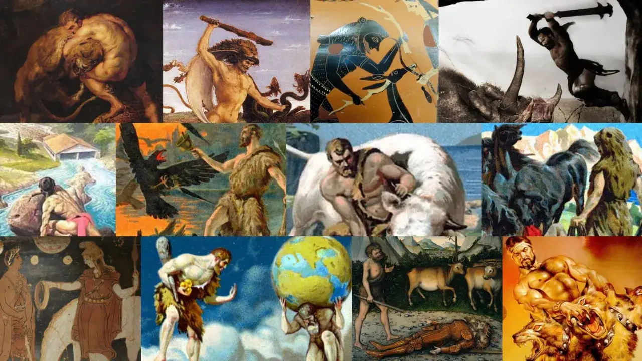 Collage d'œuvres d'art illustrant les 12 travaux d'Hercule : lutte contre le lion de Némée, combat contre l'hydre de Lerne, capture du sanglier d'Érymanthe, et autres exploits héroïques.