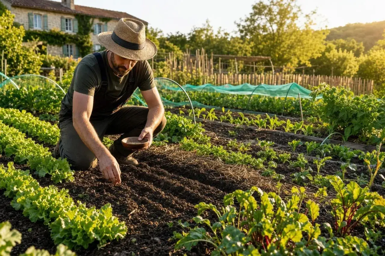 Un jardinier s&egrave;me des graines dans un potager. Il est temps de savoir quoi planter en juillet pour r&eacute;colter de bons l&eacute;gumes.